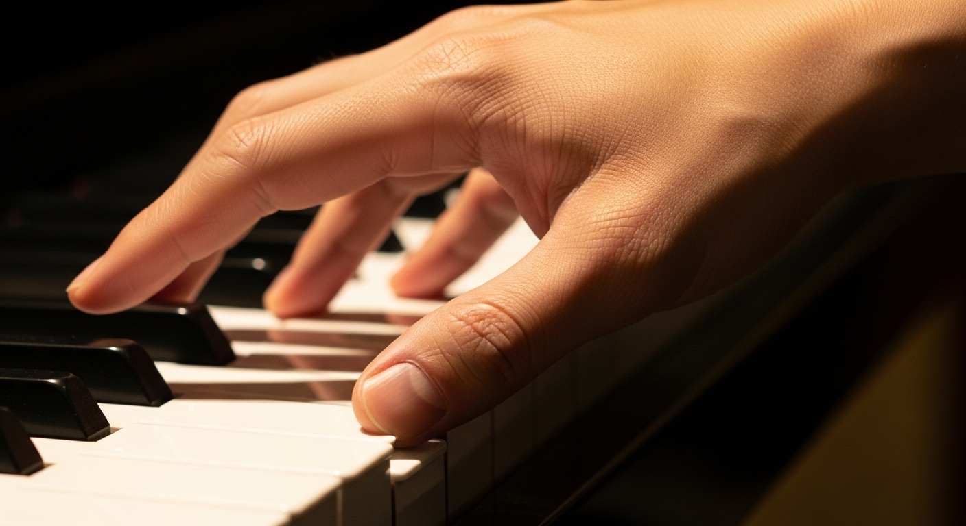 ピアノの鍵盤に優しく置かれたアジア人ピアニストの手の甲と手のひらの厚み。クリームパンのような筋肉の発達を表現している。
