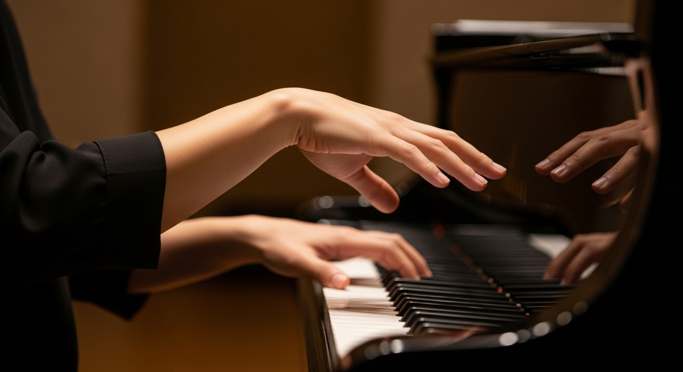 表現豊かなパッセージを演奏中に、しなやかに上下するアジア人ピアニストの手首。脱力と柔軟な動きを強調した画像。