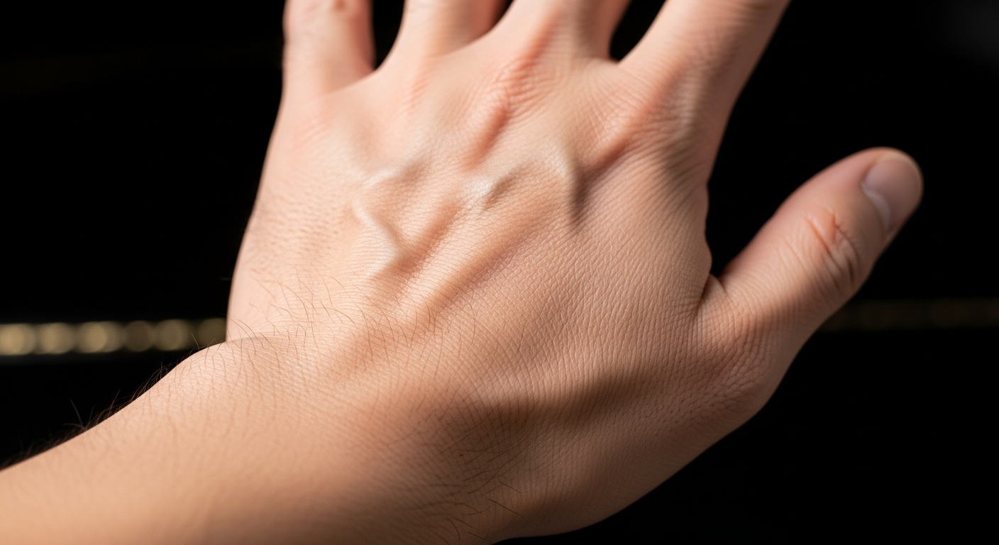 激しい演奏の後に手の甲の血管（ハンドベイン）がくっきりと浮き出ている日本人男性の手にクローズアップした写真。