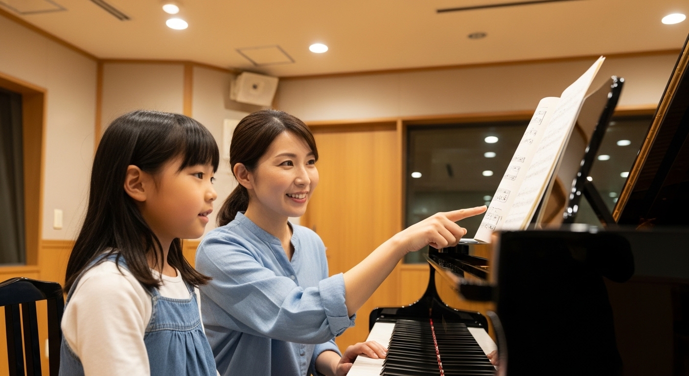 ピアノ教室で、日本人の女性教師が楽譜を指さしながら、笑顔で小学生の女子生徒を指導している温かい様子。