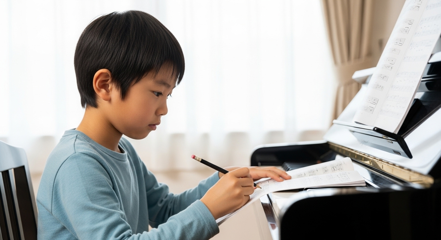 ピアノの練習中にミスをした後、感情的にならず冷静な表情で楽譜を見つめ直し、修正点を確認している日本人の男の子。