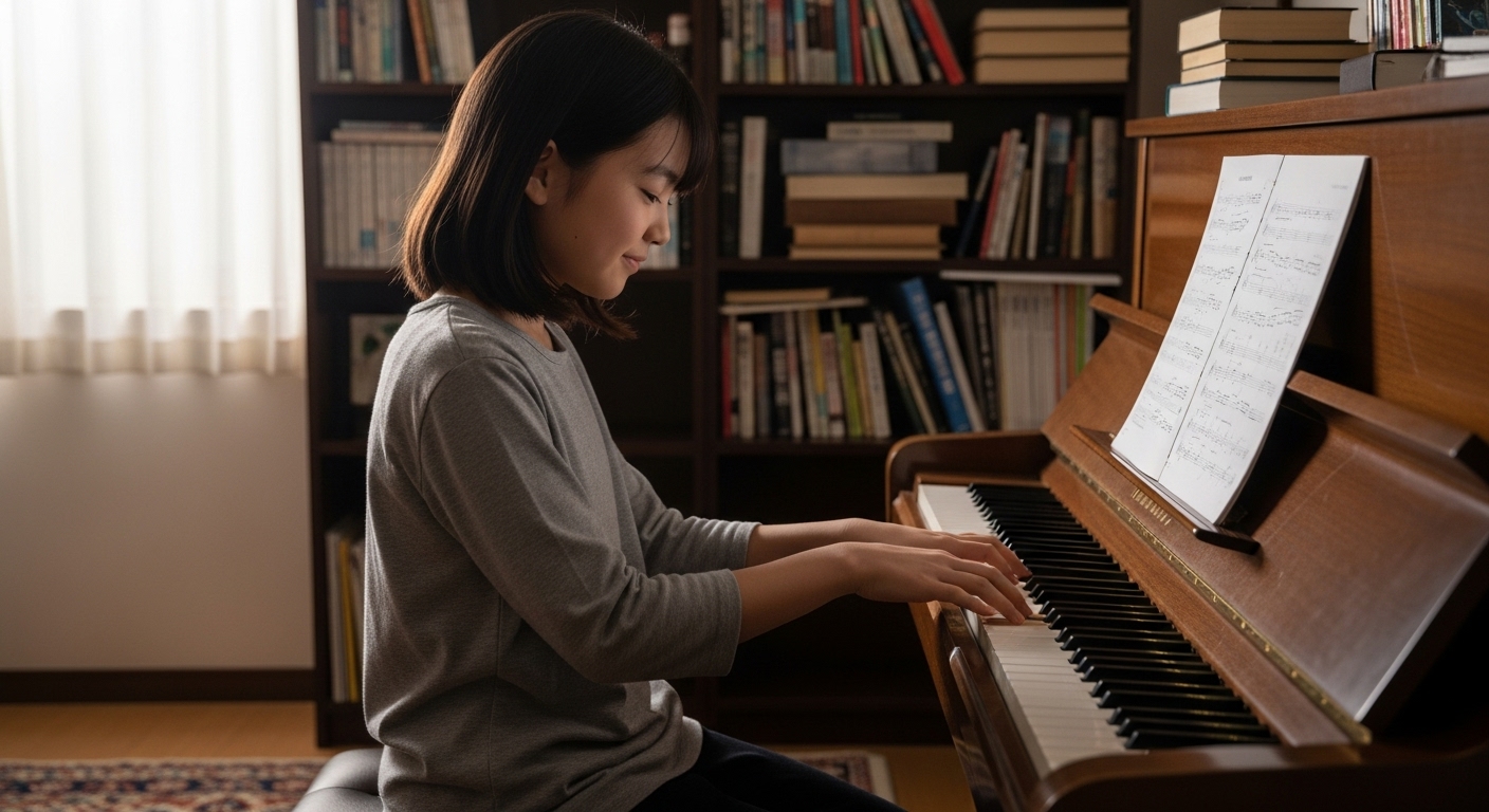 静かな部屋で一人、深く集中してピアノの練習に取り組んでいるインドア派の日本人の女の子。