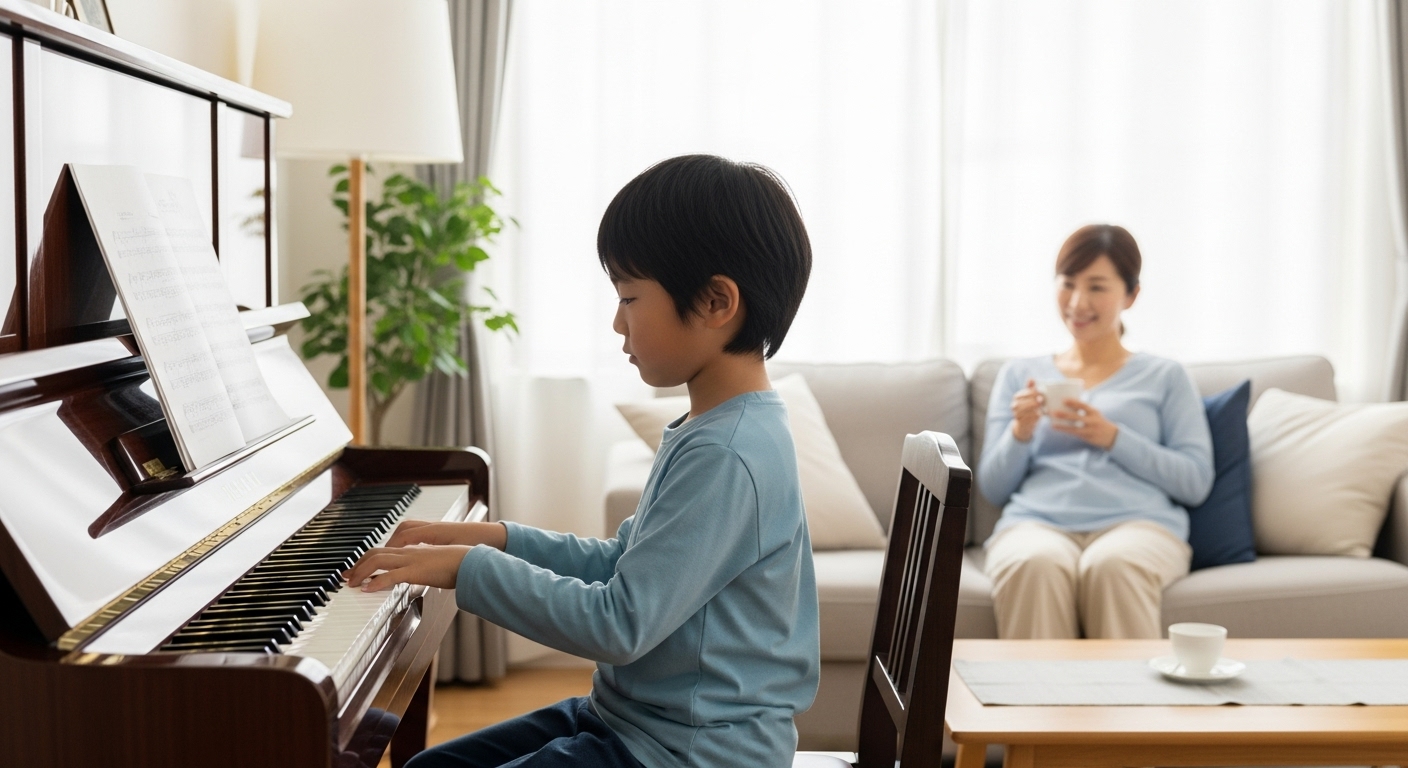 リビングに置かれたピアノを弾く子供と、その様子をソファから温かく見守っている日本人の母親。