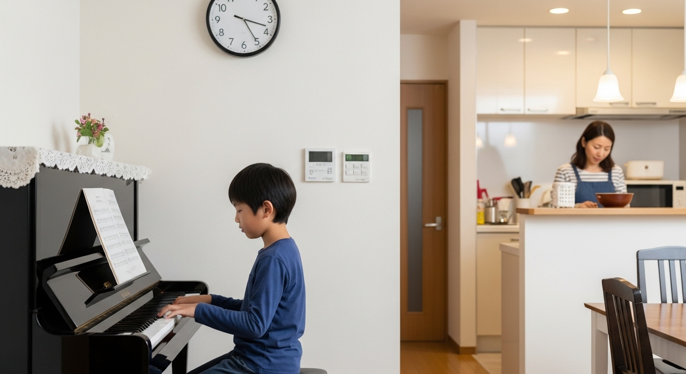 夕食前の決まった時間になり、生活のルーティンとして自然にピアノに向かって座る日本人の男の子の様子。
