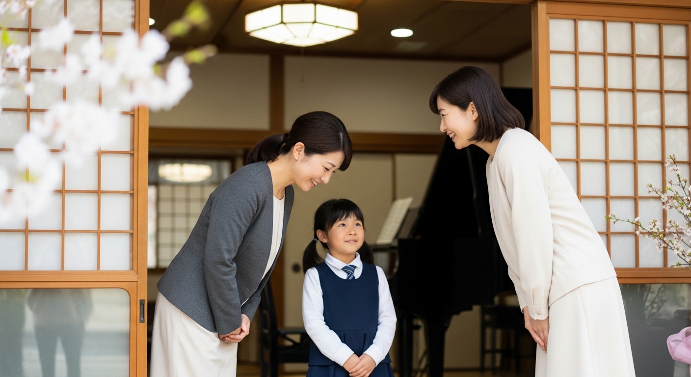 ピアノ教室の玄関先で、レッスンの後に保護者が先生に対して笑顔で丁寧に挨拶をし、感謝を伝えている様子。