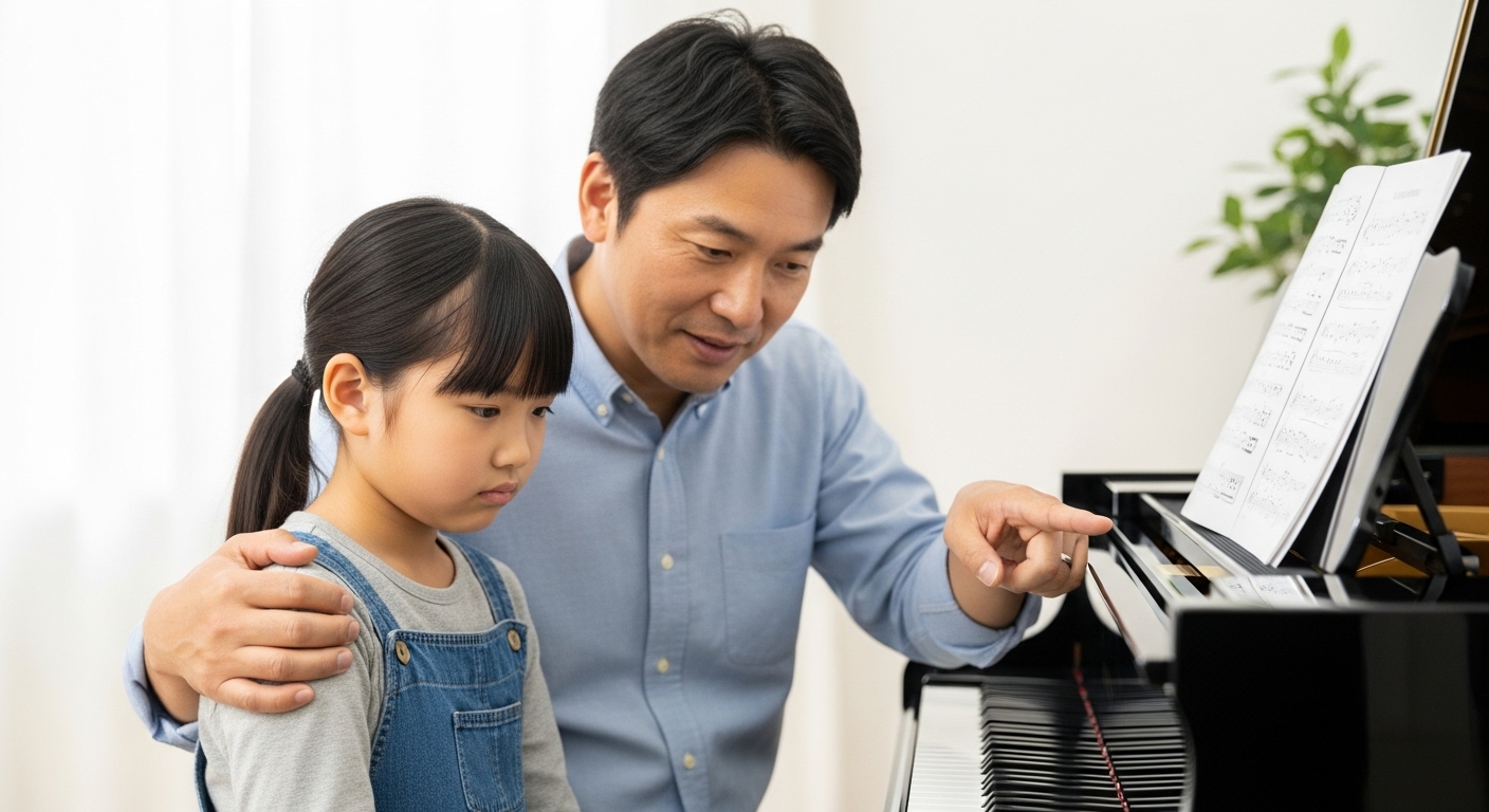 ピアノのスランプで落ち込んでいる娘に対し、父親が隣に寄り添い、楽譜を見ながら優しく励ましている様子。