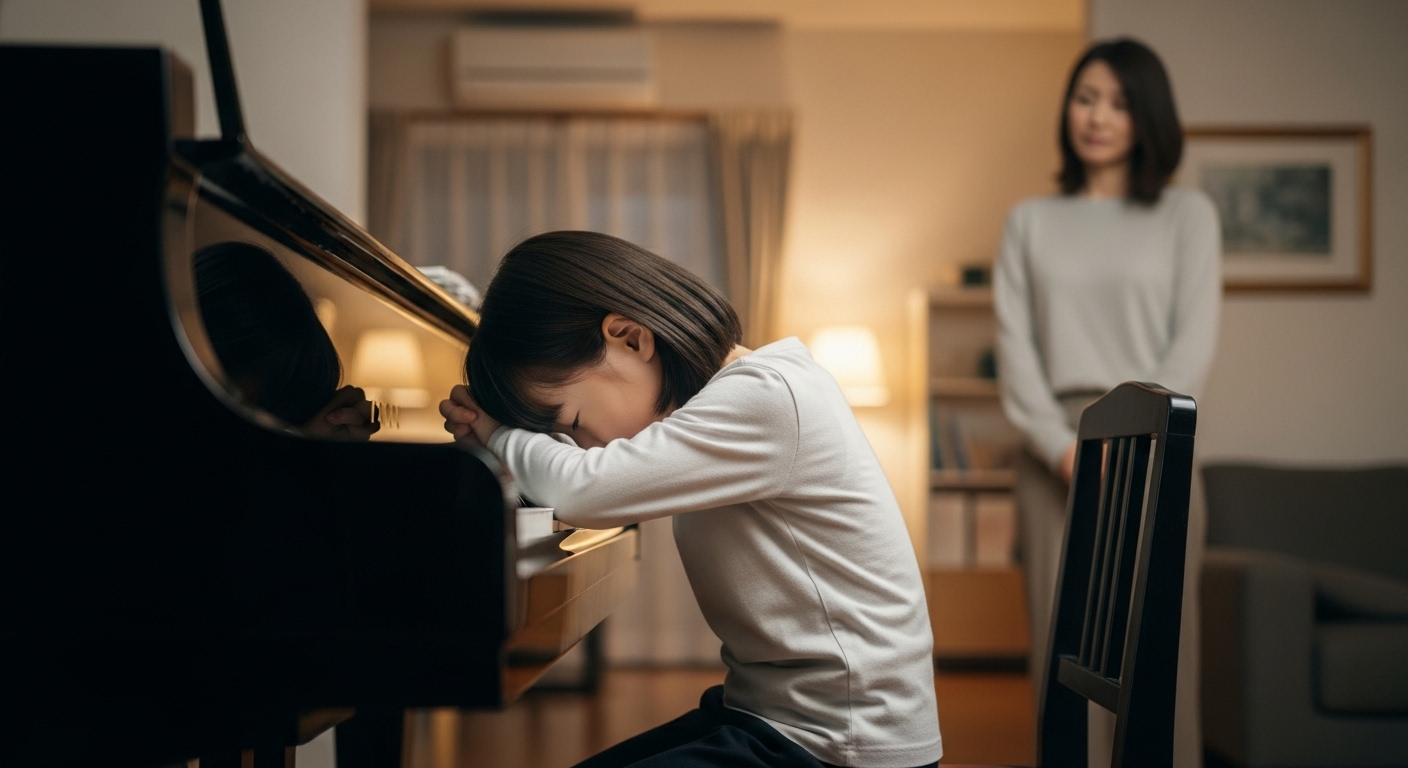 ピアノの練習に行き詰まり、鍵盤の上で頭を抱えて悩んでいる日本人女子小学生と、それを心配そうに見守る母親