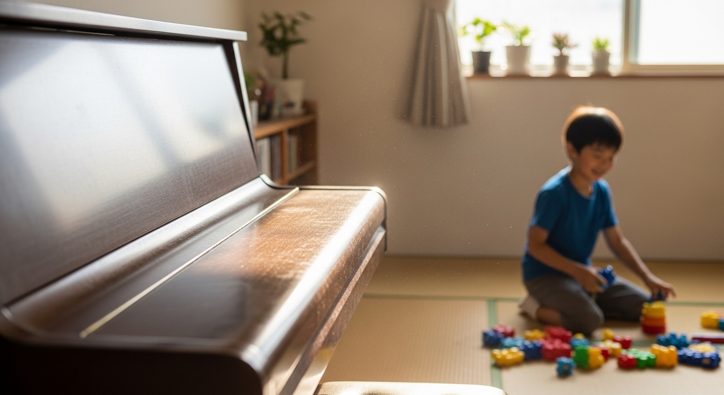 蓋が閉じられたままのピアノと、その背後でピアノに関心を示さず遊んでいる日本人の男の子
