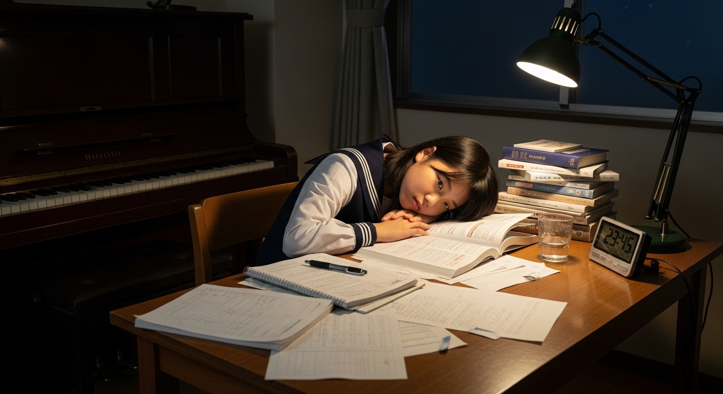 受験勉強と部活動で忙しく、部屋の隅にあるピアノに向かう余裕がない日本人女子中学生