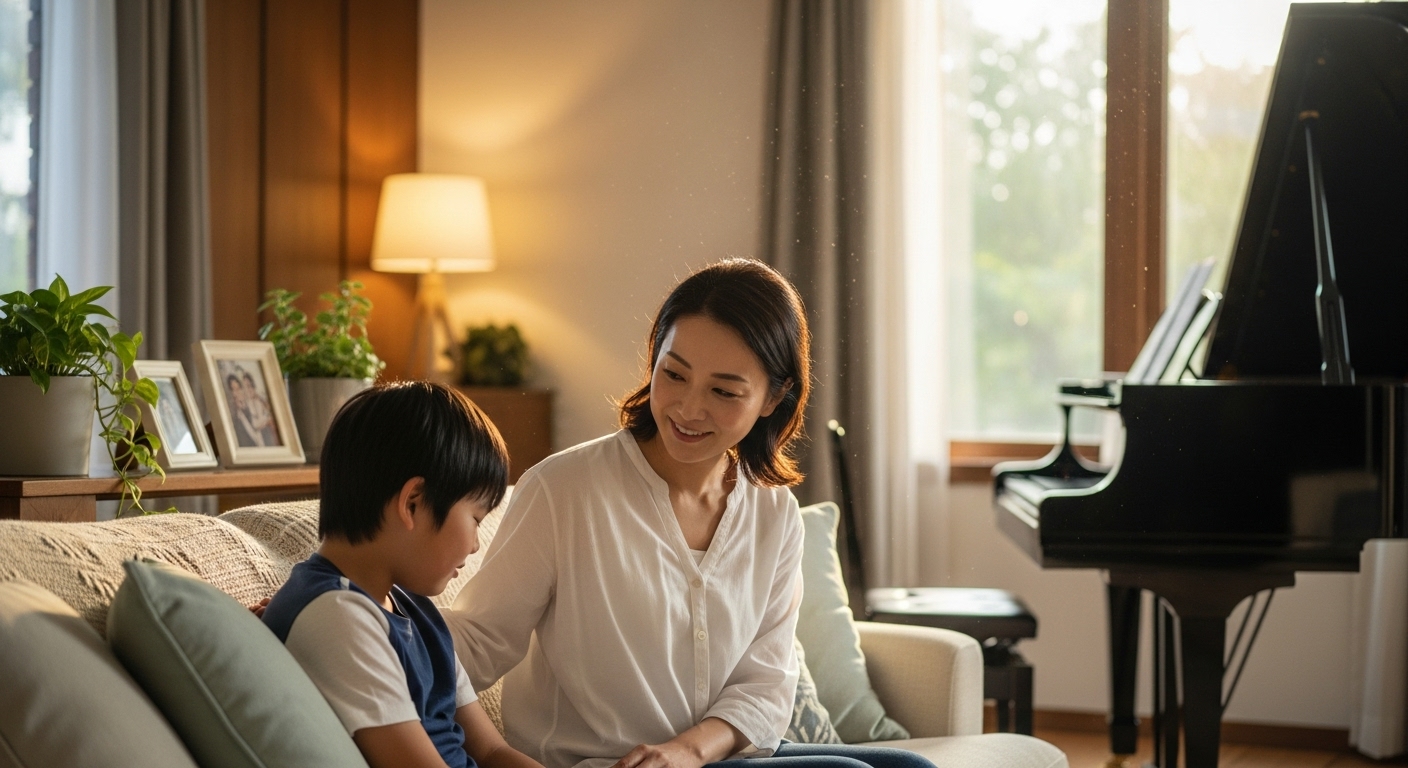 ピアノを辞めることについて、リビングで穏やかに話し合う日本人の親子