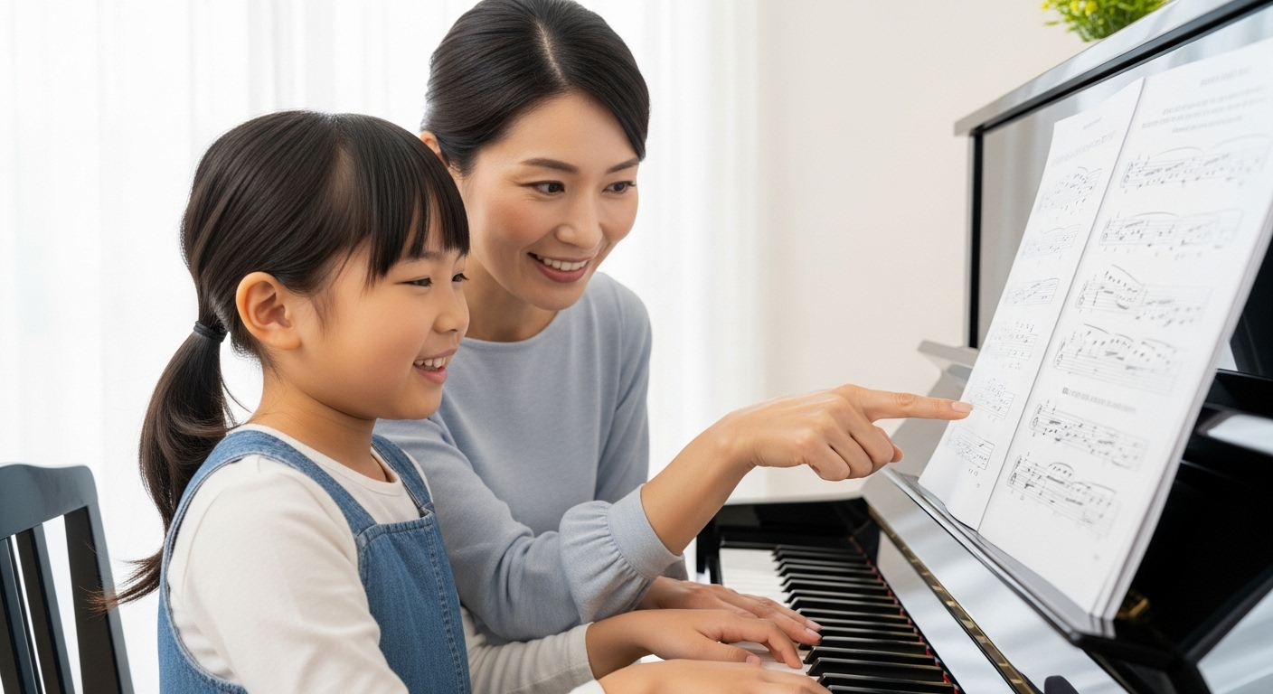 母親に楽譜の一部を指し示してもらい、短いフレーズを弾き終えて笑顔で自信を取り戻した日本人の子供