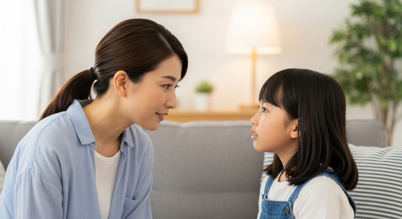 リビングのソファで向き合い、子供の辞めたい理由や本音を優しく真剣に聞いている日本人の母親