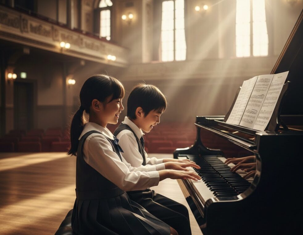 発表会のステージで笑顔でピアノ連弾をする小学生の男の子と女の子。夕日が差し込むホールでグランドピアノを演奏する様子。