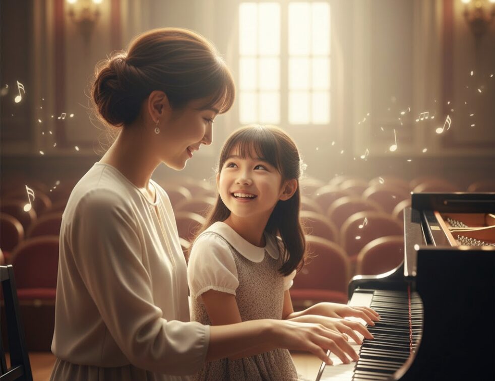 穏やかな光が差し込むホールで、母親と幼い娘が笑顔でピアノを連弾している。周りには音符が舞っている。