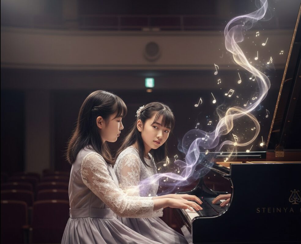 発表会でドレスを着て、真剣な表情でピアノ連弾を演奏する高学年の少女二人。幻想的な煙と音符がピアノから立ち上る。