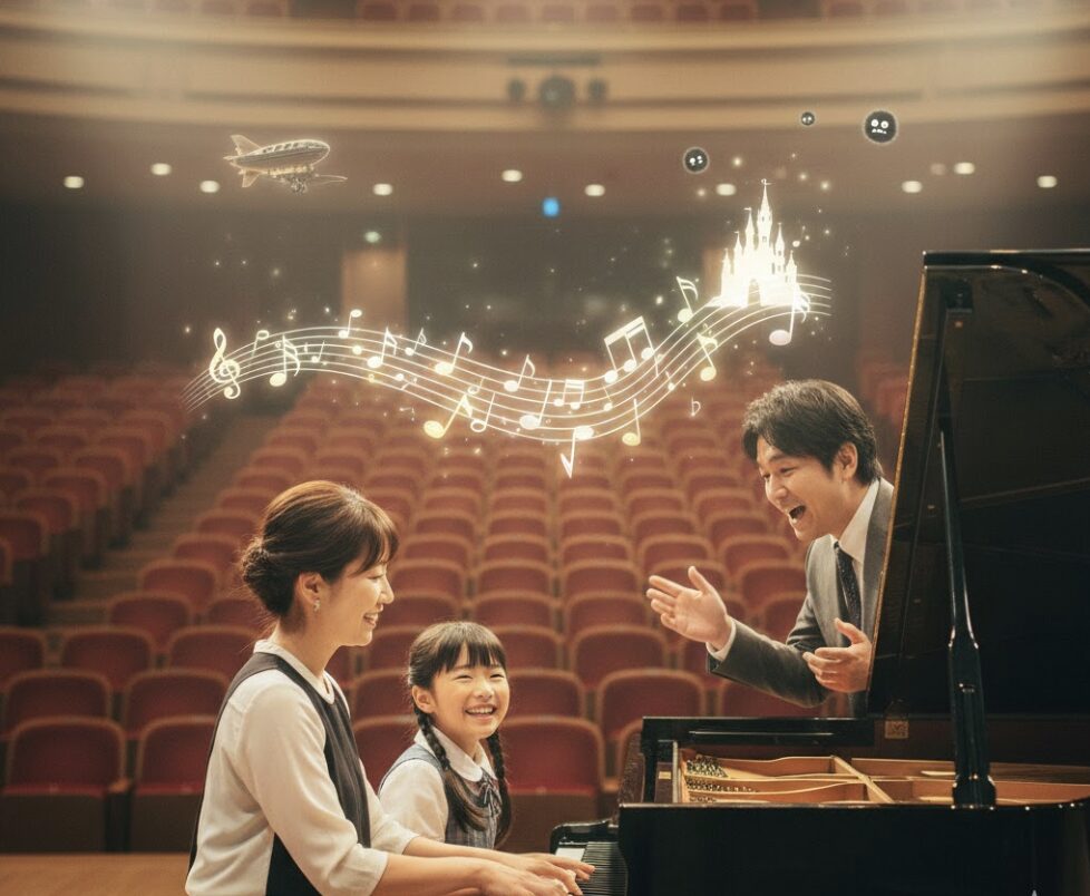 家族でピアノ連弾を楽しむ様子。母親と小学生の娘がピアノを弾き、父親が笑顔で歌っている。音符の上にジブリやディズニーを連想させるモチーフが浮かぶ。