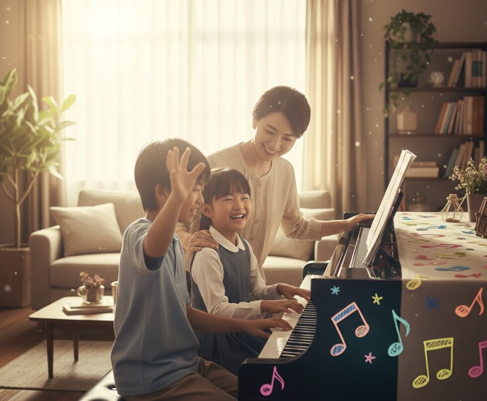 リビングで母親に見守られながら、ピアノ連弾を笑顔で楽しむ小学生の兄弟。ピアノにはカラフルな音符が描かれている。