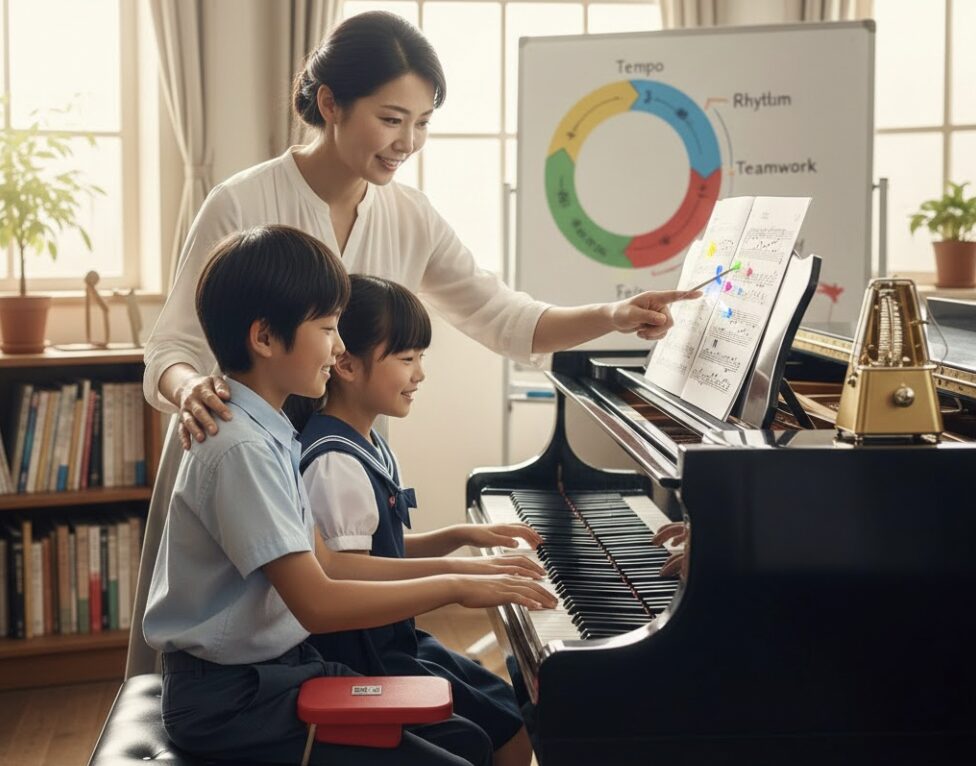 ピアノ教室で、先生が小学生の男女に連弾の指導をしている。生徒たちは笑顔でピアノを弾き、先生は楽譜を指しながら優しく教えている。