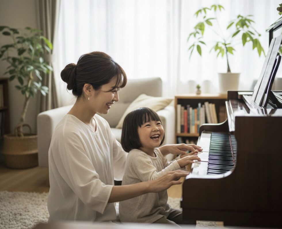 穏やかな雰囲気のリビングで、母親が優しく見守る中、日本の幼い子供が楽しそうにピアノを弾いている様子。