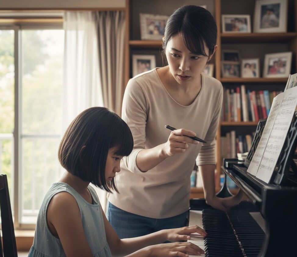 日本の母親が子供のピアノ練習を厳しく指導している様子。子供は少し困った顔をしている。