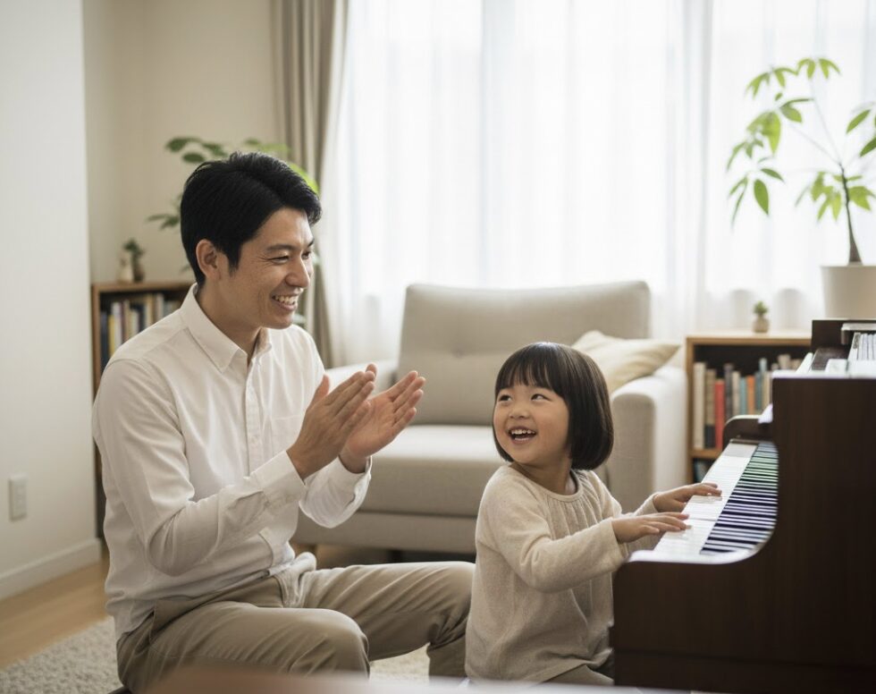 子供がピアノを弾いているのを、日本の父親がソファから優しく見守り、笑顔で拍手を送っている。