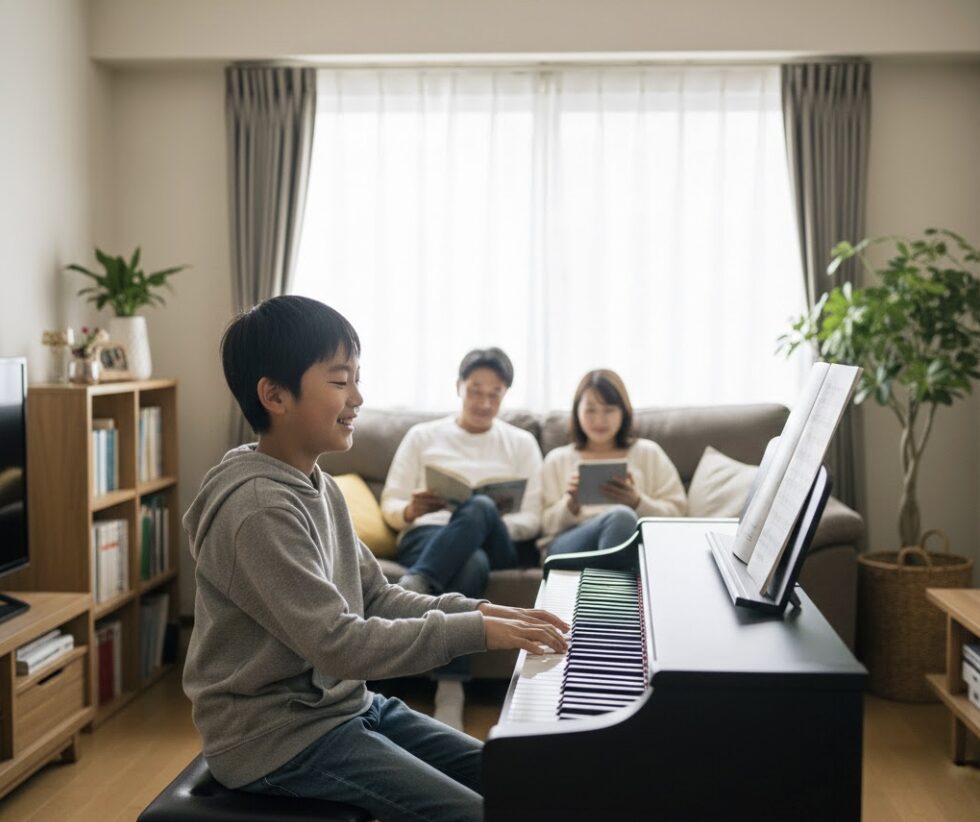 リビングの真ん中に置かれた電子ピアノで、日本の子供が気軽にピアノを弾いている様子。背景にはくつろぐ家族がいる。