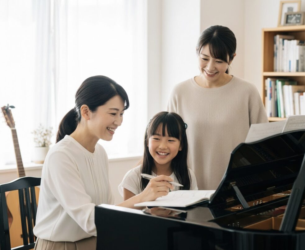 ピアノ教室で、日本の子供と先生、母親が笑顔でレッスンノートを見ながら話している。