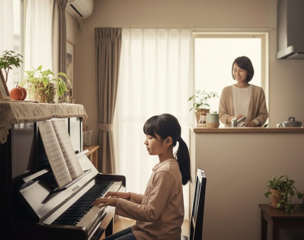 リビングで日本の女の子がピアノを弾き、母親はキッチンから優しく見守っている。