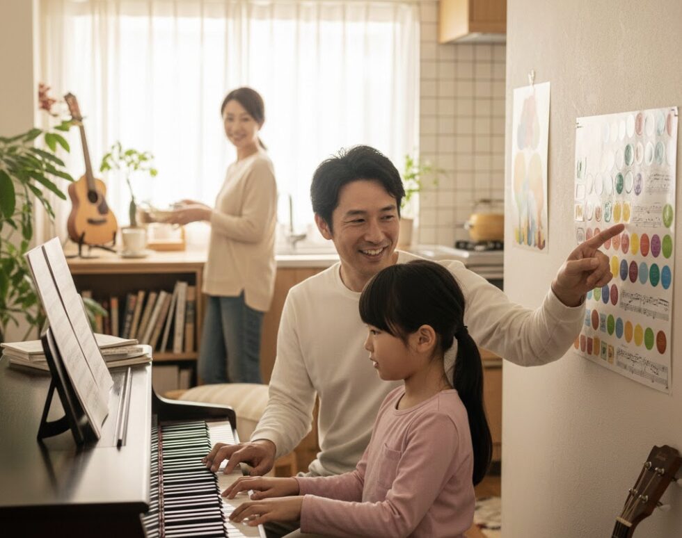 リビングで、日本の父親が娘と一緒にピアノの練習をしており、壁の練習表を指して励ましている。母親は背景で家事をしている。